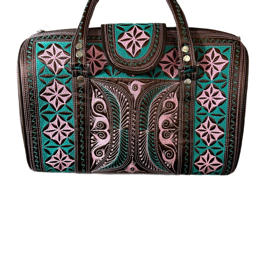Banda Bags Handcrafted Embroidered Pink and Turqouise Mini Weekender Bag